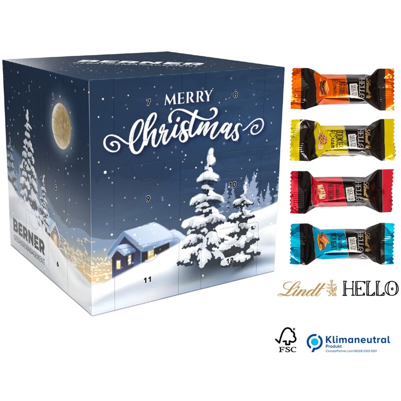 Adventskalender Würfel Lindt HELLO Mini ECO, inkl. 4-farbigem Druck Adventskalender Würfel Lindt HELLO Mini ECO, inkl. 4-farbigem Druck