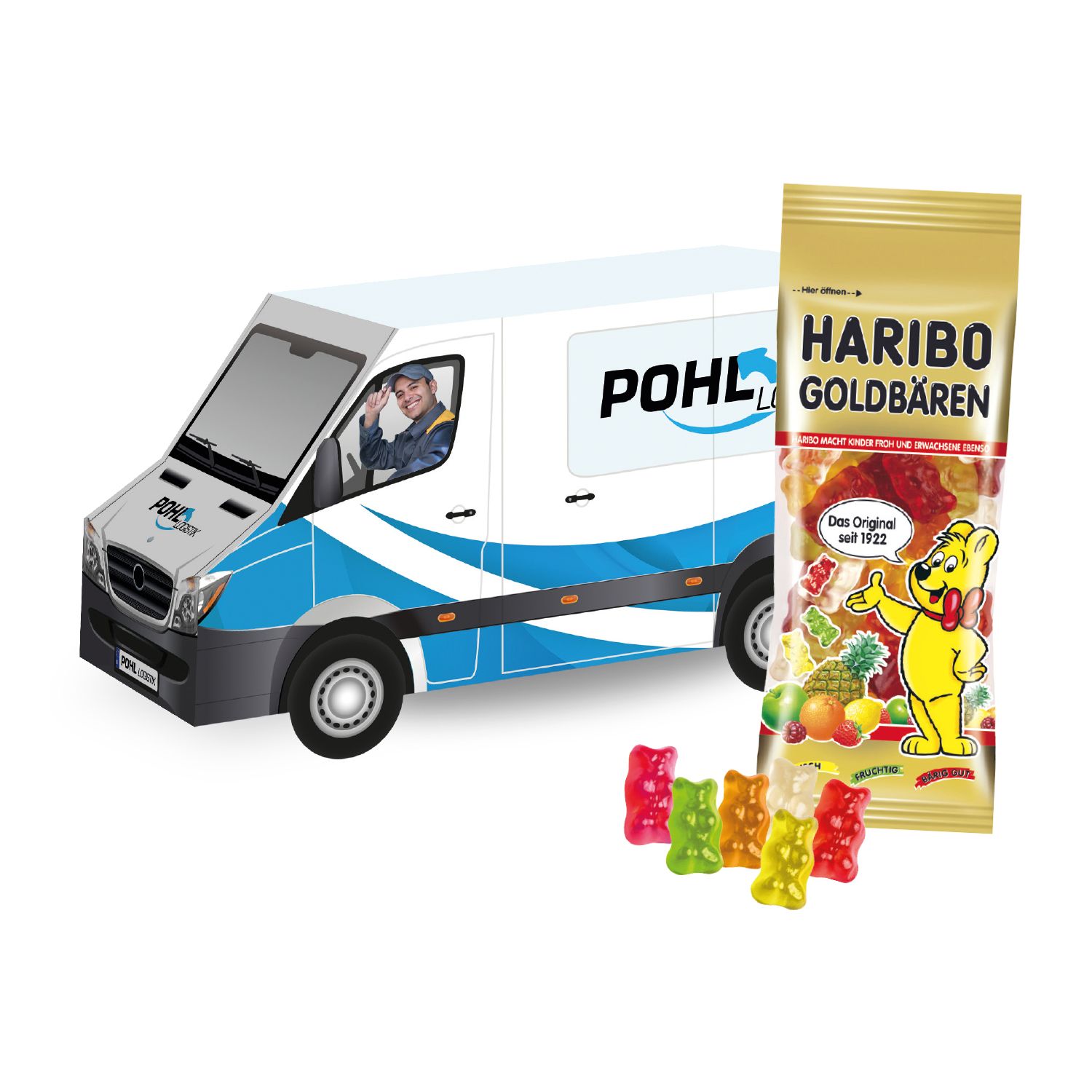 3D Präsent Transporter HARIBO Goldbären, inkl. 4-farbigem Druck 3D Präsent Transporter HARIBO Goldbären, inkl. 4-farbigem Druck