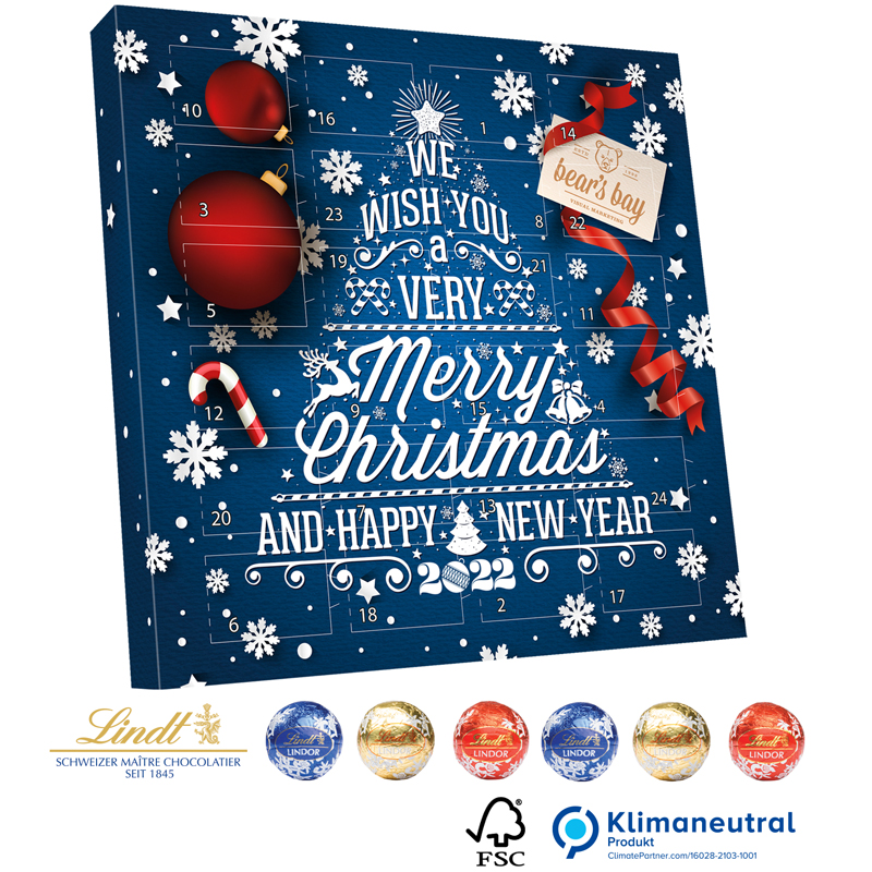 Lindt Adventskalender Lindor Eco (komplett aus Karton), inkl. 4-farbigem Druck