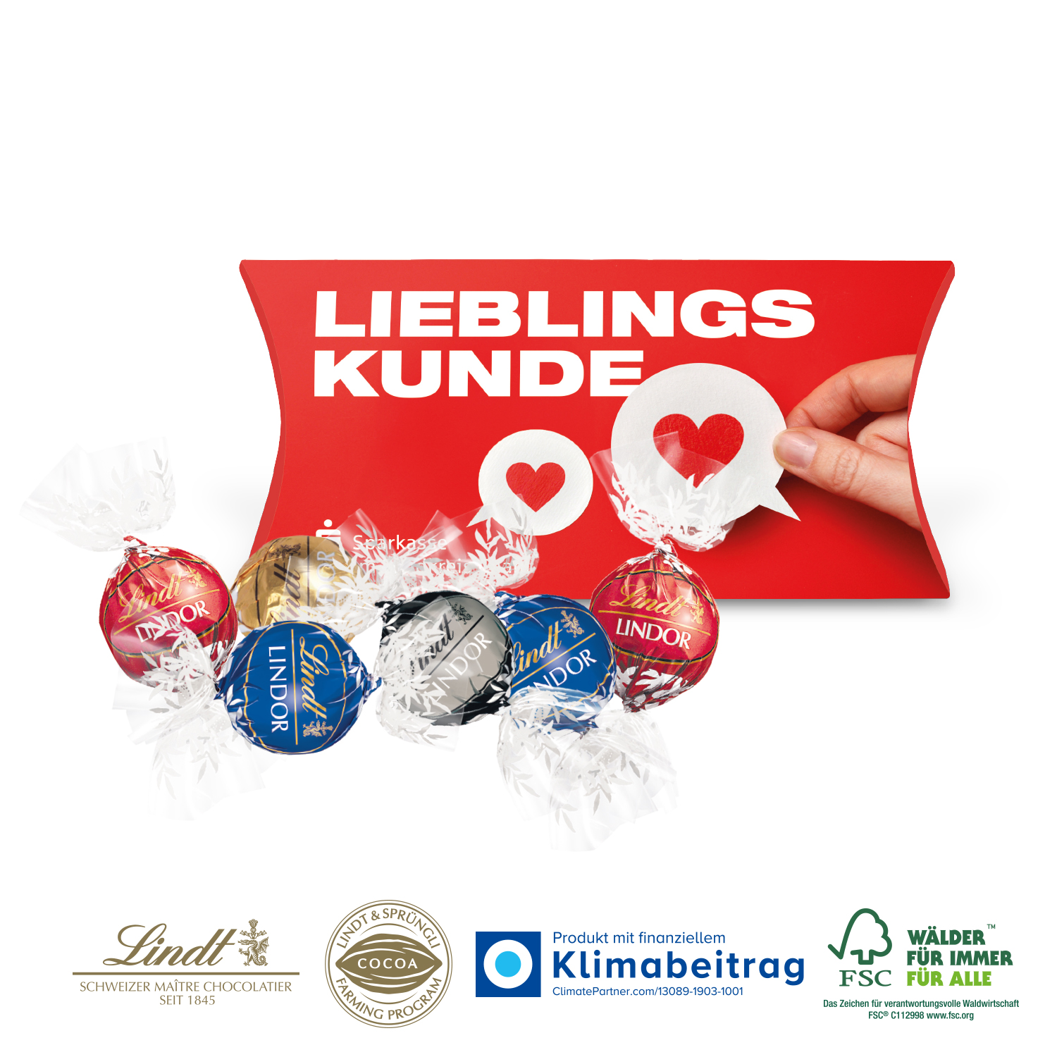 Kissenverpackung „Creative“ mit Lindt Lindor, inkl. 4-farbigem Druck