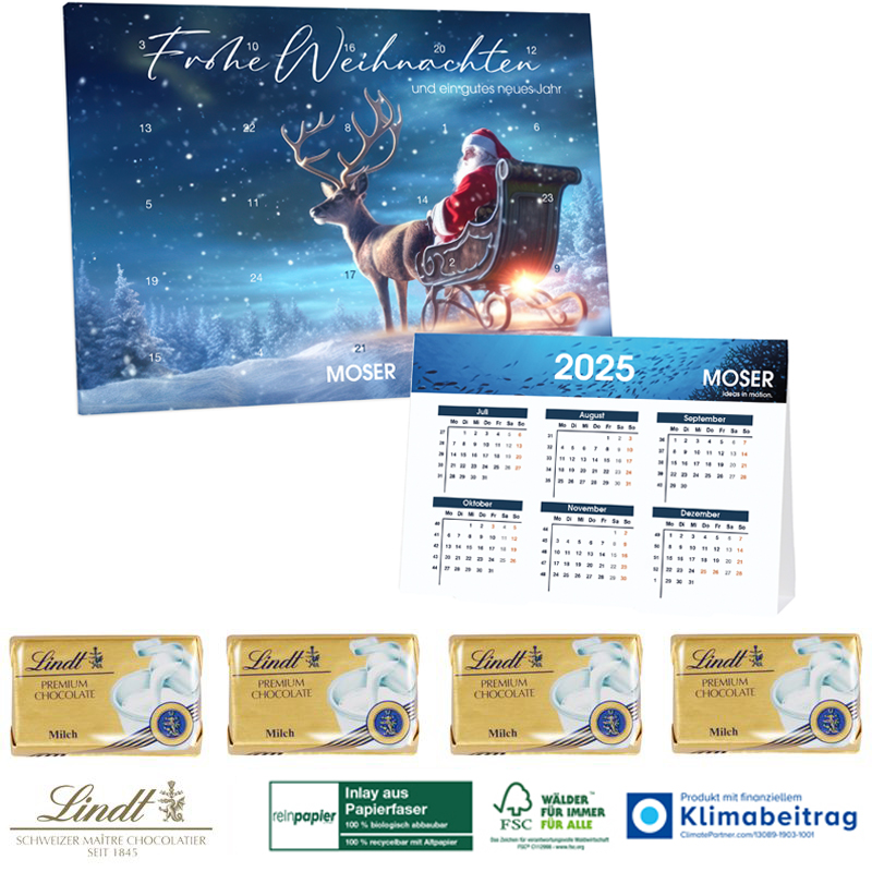Adventskalender mit Jahresplaner Lindt Eco, inkl. 4-farbigem Druck