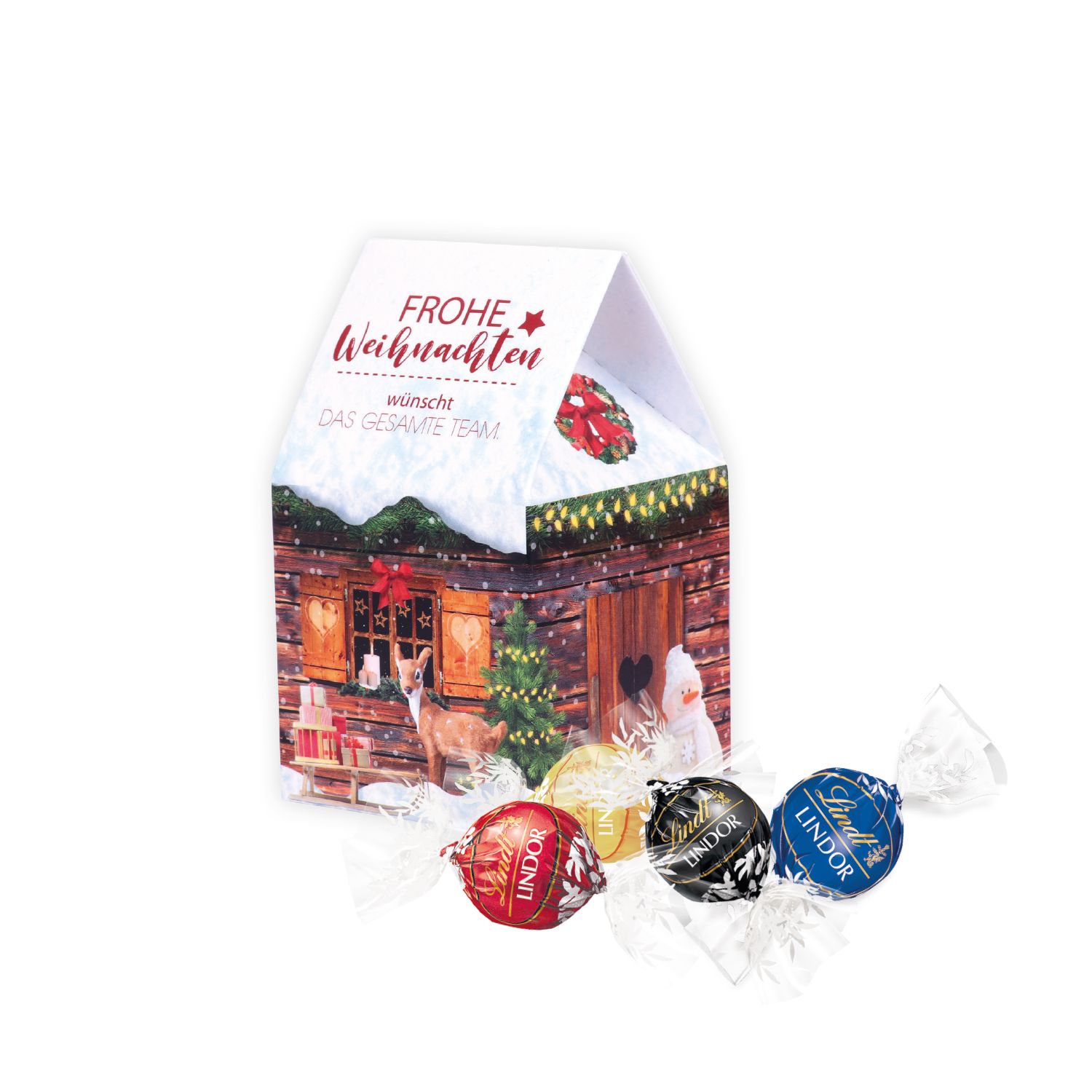 3D Präsent Weihnachtshaus Lindt Lindor Pralinés, inkl. 4-farbigem Druck