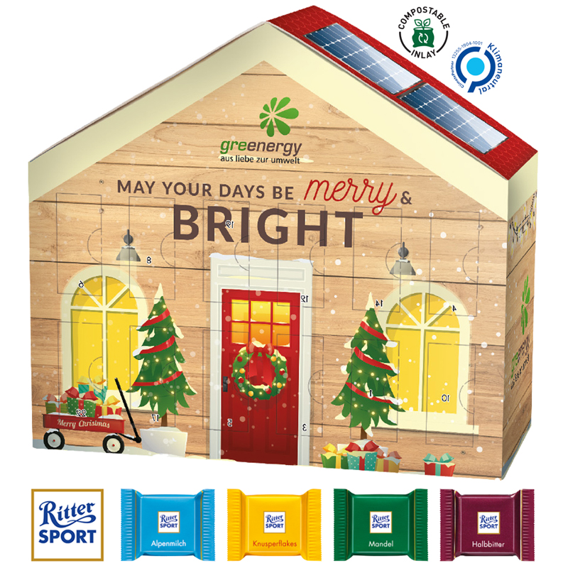 Adventskalender Haus mit Ritter SPORT, inkl. 4-farbigem Druck