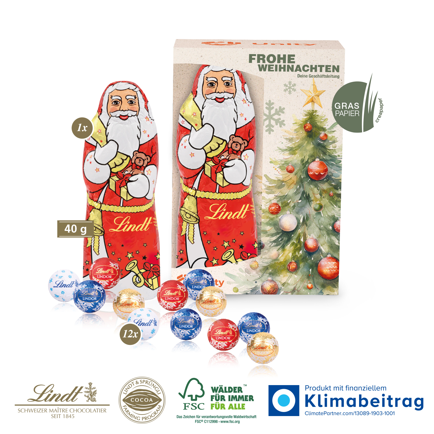Premium-Präsent mit Lindt Minis und Lindt Weihnachtsmann „Medium“, inkl. 4-farbigem Druck Premium-Präsent mit Lindt Minis und Lindt Weihnachtsmann „Medium“, inkl. 4-farbigem Druck