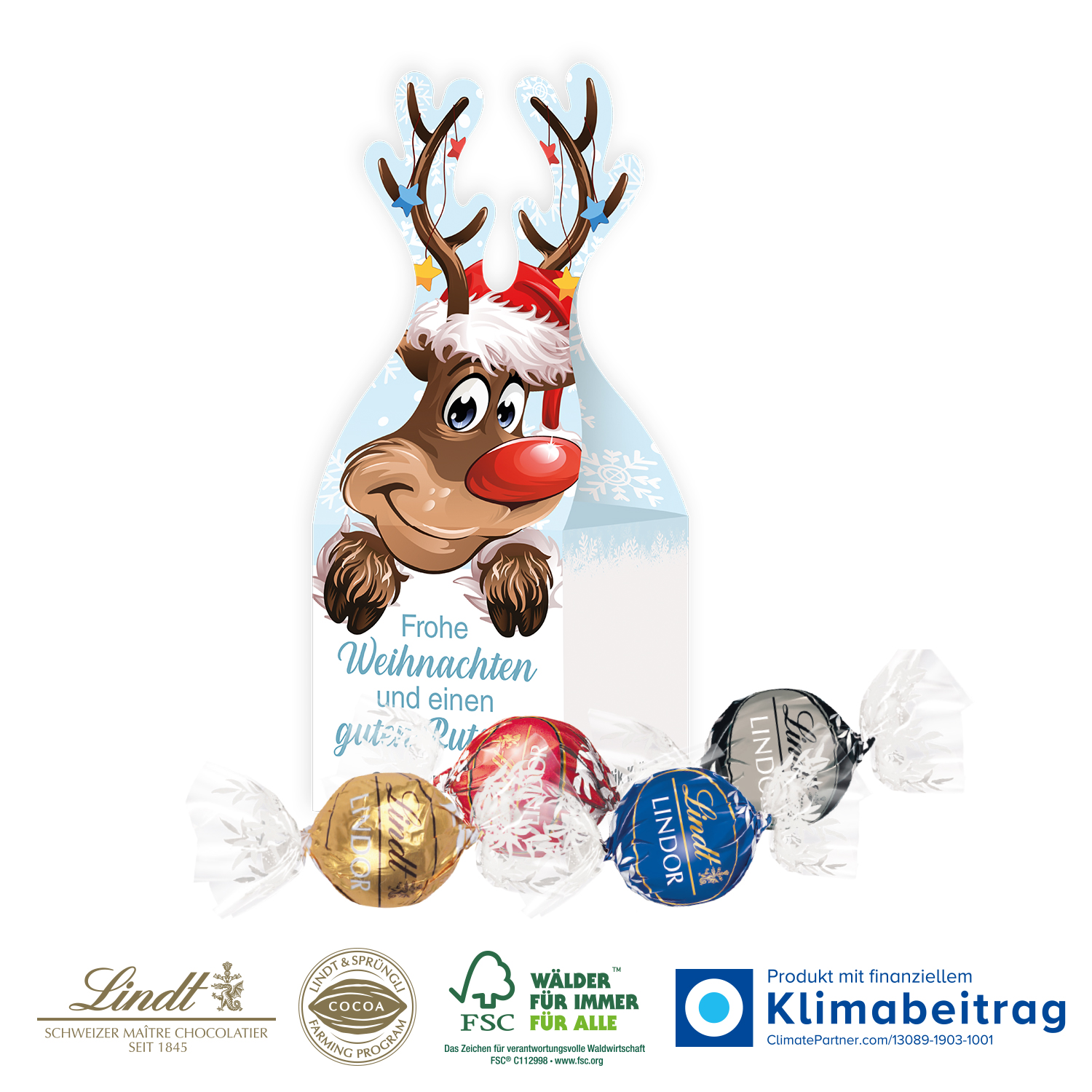 3D Präsent „Rentier“ mit Lindt Lindor Pralinés, inkl. 4-farbigem Druck 3D Präsent „Rentier“ mit Lindt Lindor Pralinés, inkl. 4-farbigem Druck