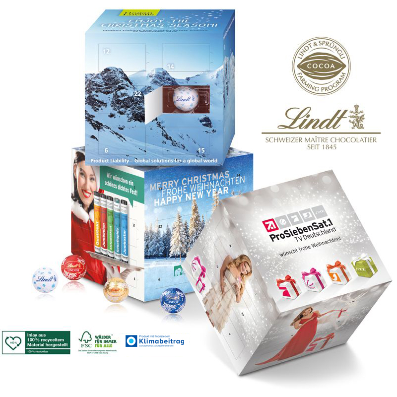Adventskalender Cube mit Lindt Minis, inkl. 4-farbigem Druck Adventskalender Cube mit Lindt Minis, inkl. 4-farbigem Druck