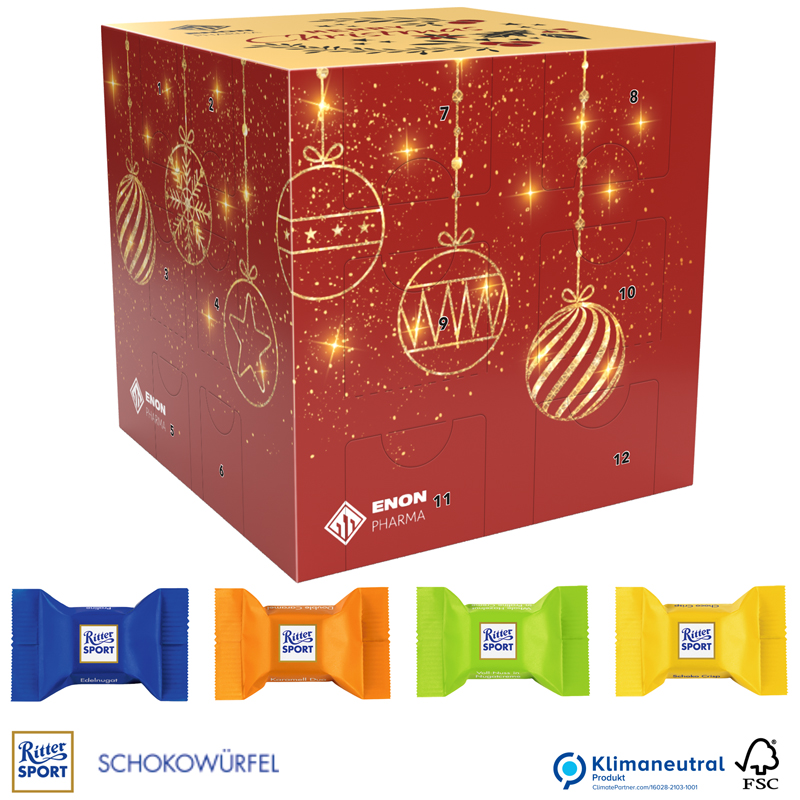 Adventskalender Würfel Ritter Sport Eco (Komplett aus Papier), inkl. 4-farbigem Druck