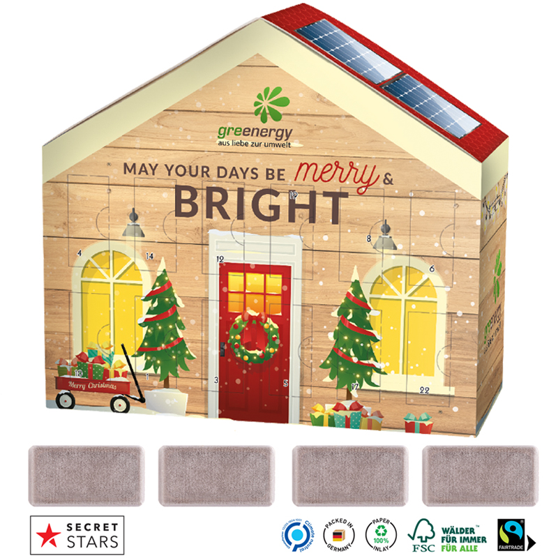 Adventskalender Haus mit Fairtrade Schokolade, inkl. 4-farbigem Druck