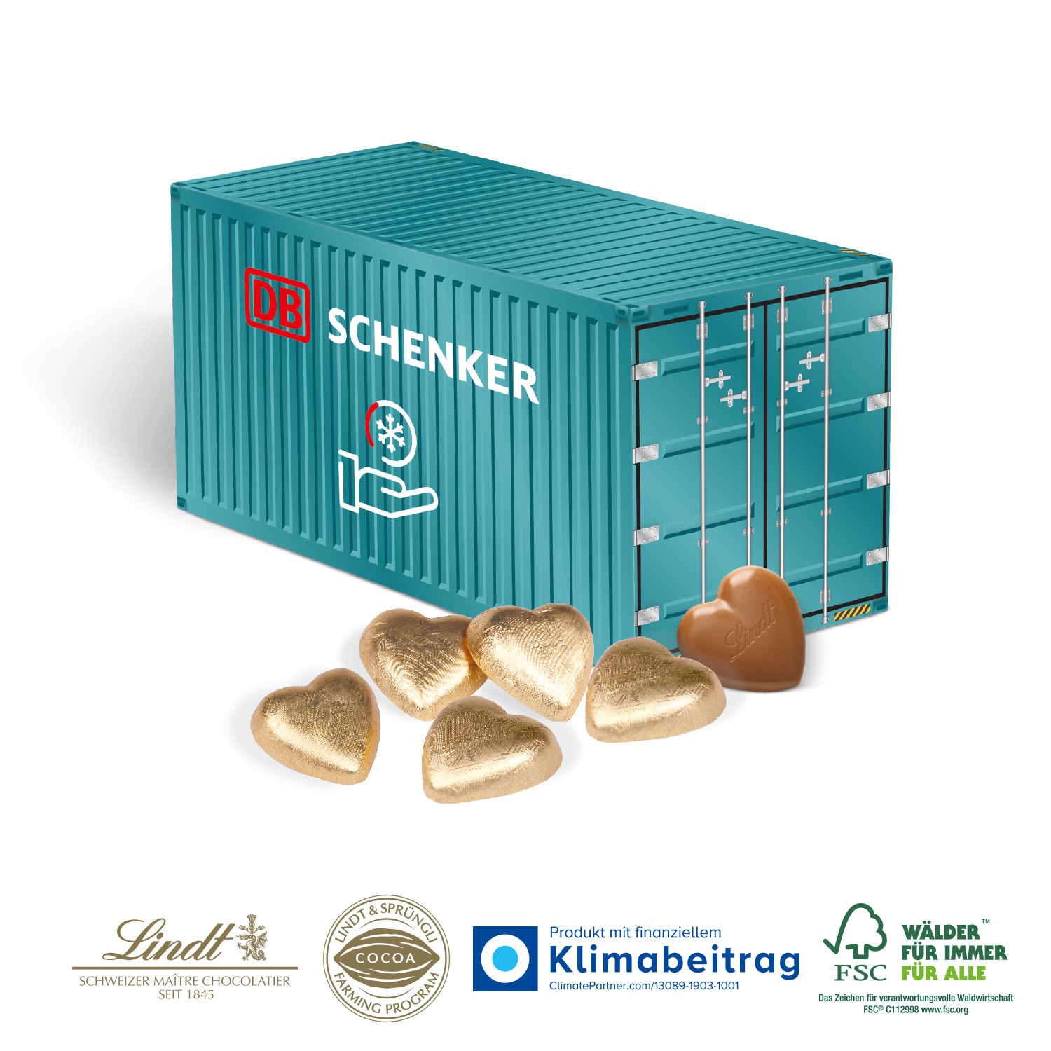 3D Präsent Container Schokoladenherzen Lindt, inkl. 4-farbigem Druck