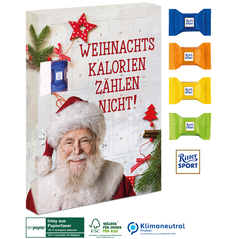 Adventskalender mit Ritter SPORT Schokowürfel Organic, inkl. 4-farbigem Druck Adventskalender mit Ritter SPORT Schokowürfel Organic, inkl. 4-farbigem Druck