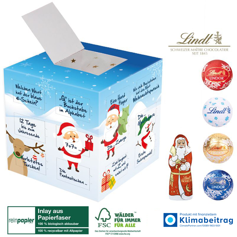 Adventskalender Organic Cube mit Lindt Minis & Weihnachtsmann, inkl. 4-farbigem Druck Adventskalender Organic Cube mit Lindt Minis & Weihnachtsmann, inkl. 4-farbigem Druck