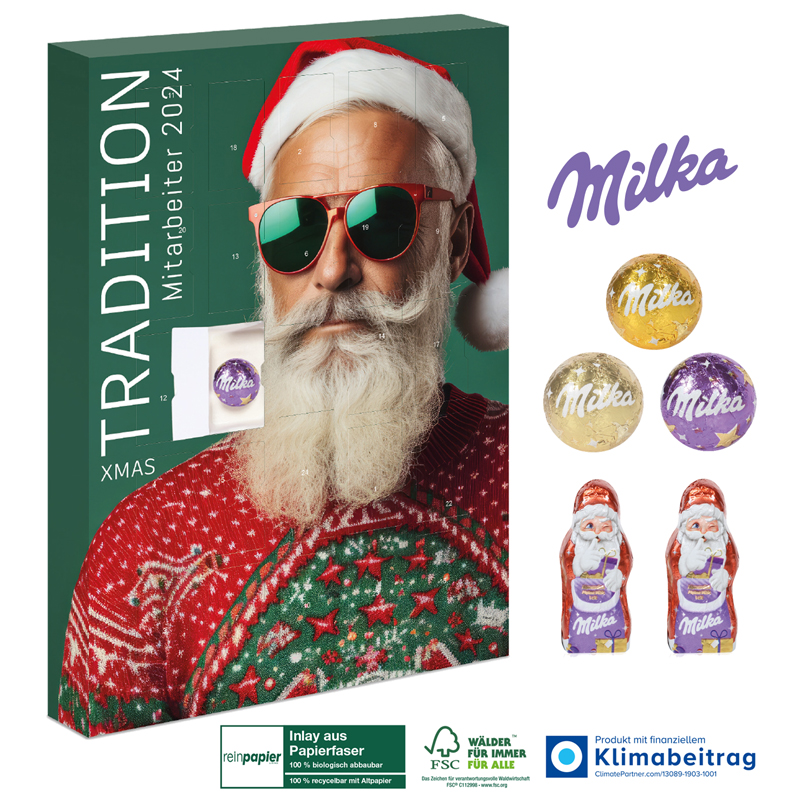Adventskalender mit Milka „Edition“ Inlay aus Papierfaser, inkl. 4-farbigem Druck Adventskalender mit Milka „Edition“ Inlay aus Papierfaser, inkl. 4-farbigem Druck