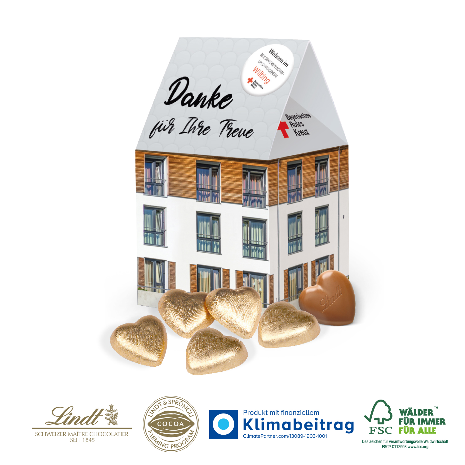 3D Präsent Haus Schokoladenherzen Lindt, inkl. 4-farbigem Druck