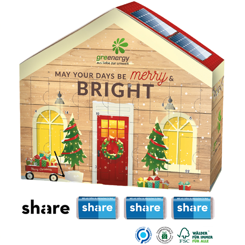 Adventskalender Haus mit share Schokolade, inkl. 4-farbigem Druck