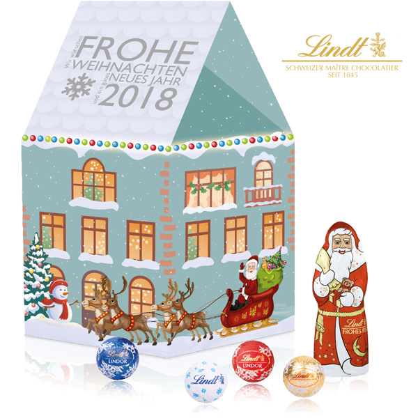 3D Präsent Weihnachtshaus Lindt Minis + Weihnachtsmann, inkl. 4-farbigem Druck