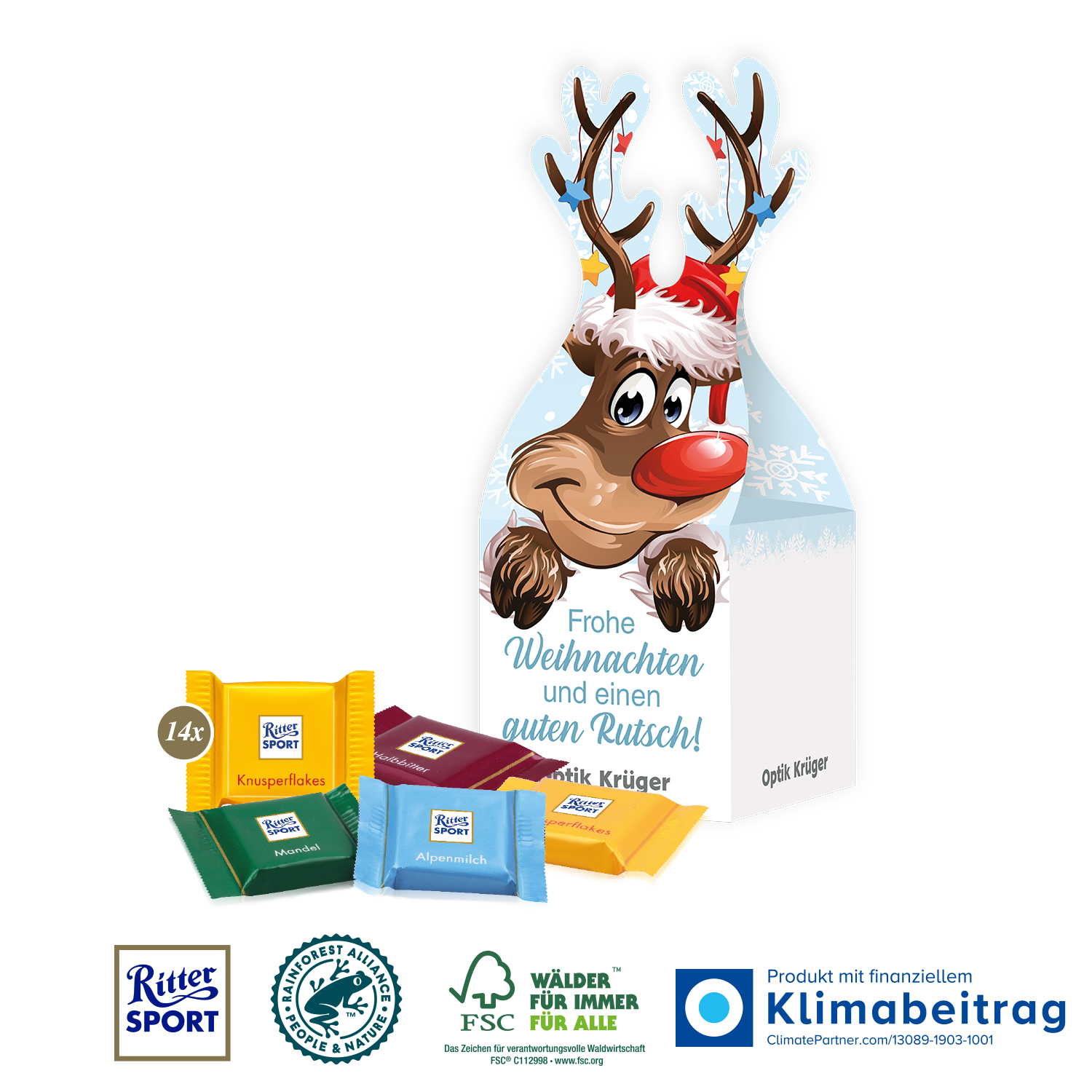 3D Präsent „Rentier“ mit Ritter SPORT Schokolade, inkl. 4-farbigem Druck