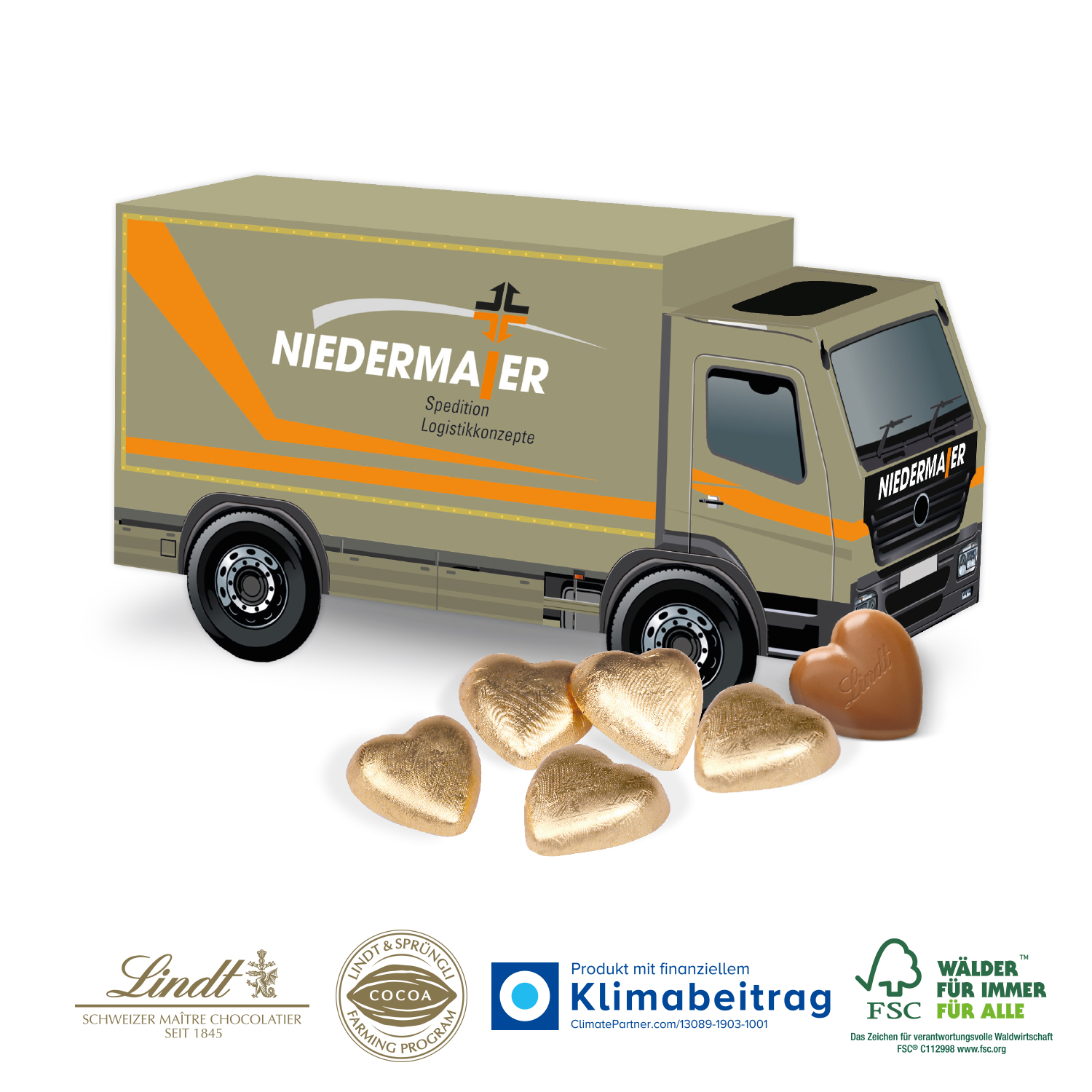 3D Präsent LKW Schokoladenherzen Lindt, inkl. 4-farbigem Druck 3D Präsent LKW Schokoladenherzen Lindt, inkl. 4-farbigem Druck