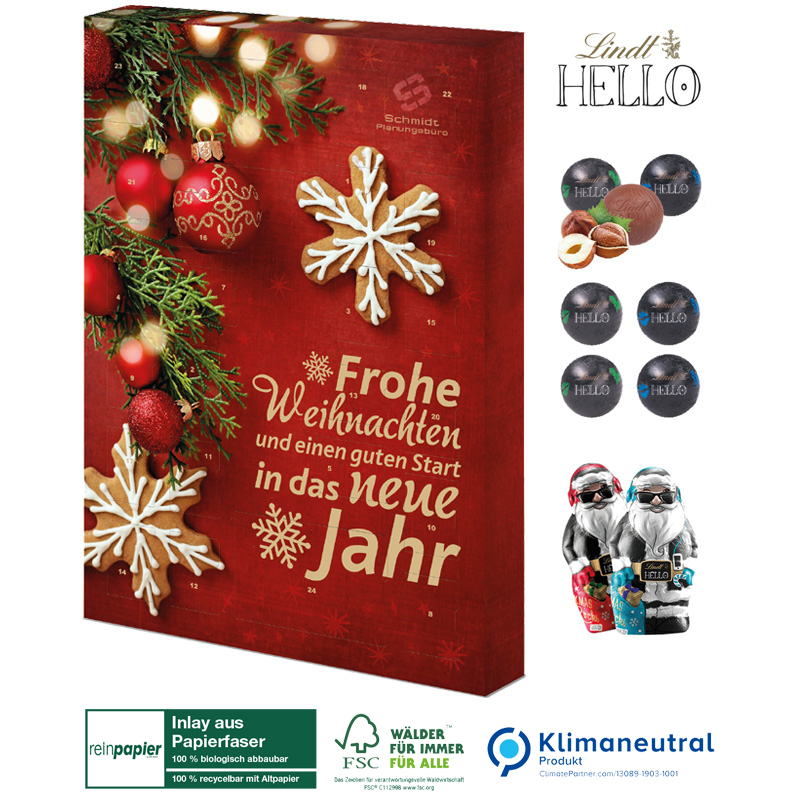 Wand-Adventskalender Organic Lindt „HELLO“ Mini´s, inkl. 4-farbigem Druck Wand-Adventskalender Organic Lindt „HELLO“ Mini´s, inkl. 4-farbigem Druck