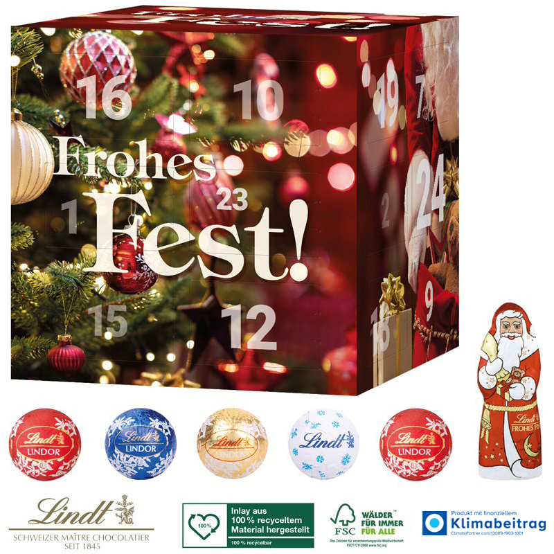 Adventskalender Cube mit Lindt Minis und Weihnachtsmann , inkl. 4-farbigem Druck Adventskalender Cube mit Lindt Minis und Weihnachtsmann , inkl. 4-farbigem Druck