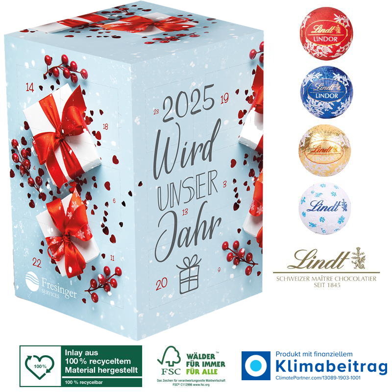 Adventskalender Cube XL mit Lindt Minis, inkl. 4-farbigem Druck