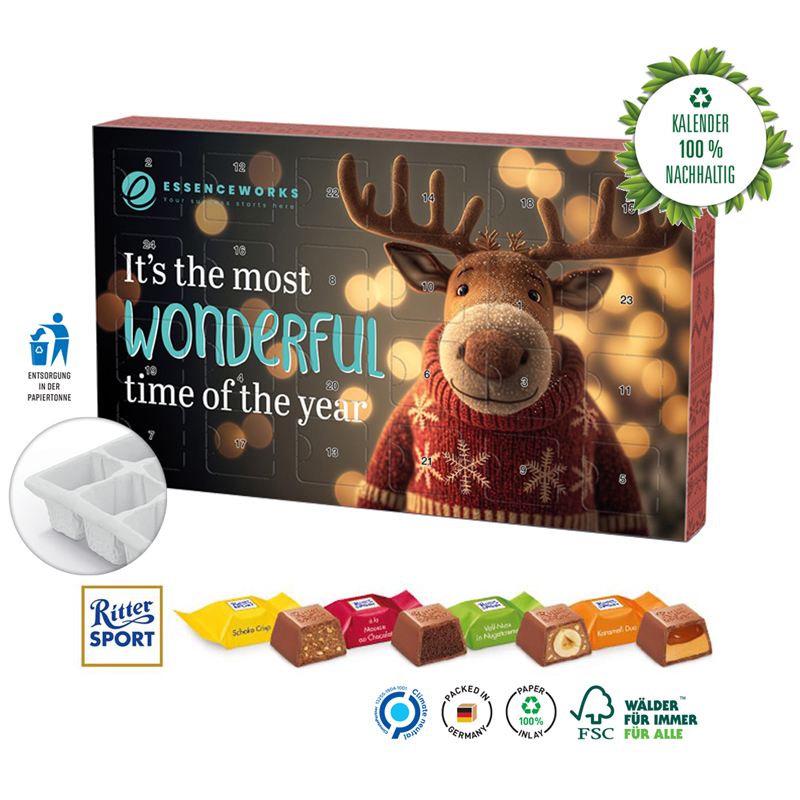 Adventskalender Eco L mit Ritter SPORT Würfel (komplett aus Papier), inkl. 4-farbigem Druck