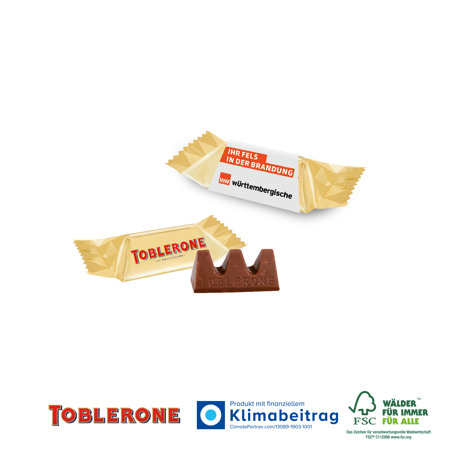 TOBLERONE Mini im Werbeschuber, inkl. 4-farbigem Druck TOBLERONE Mini im Werbeschuber, inkl. 4-farbigem Druck