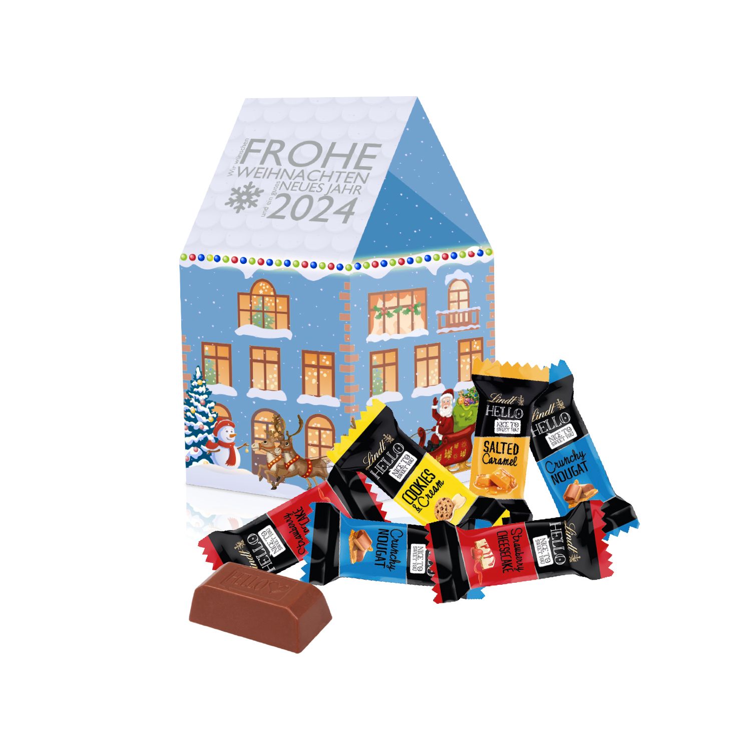 3D Präsent Weihnachtshaus Lindt HELLO Minis, inkl. 4-farbigem Druck