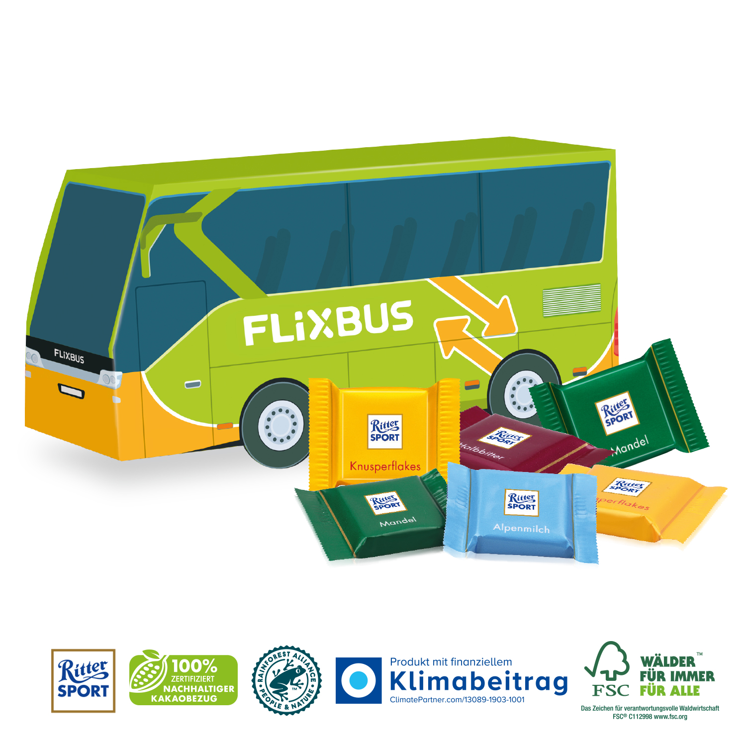 3D Präsent Bus Ritter SPORT Schokotäfelchen, inkl. 4-farbigem Druck