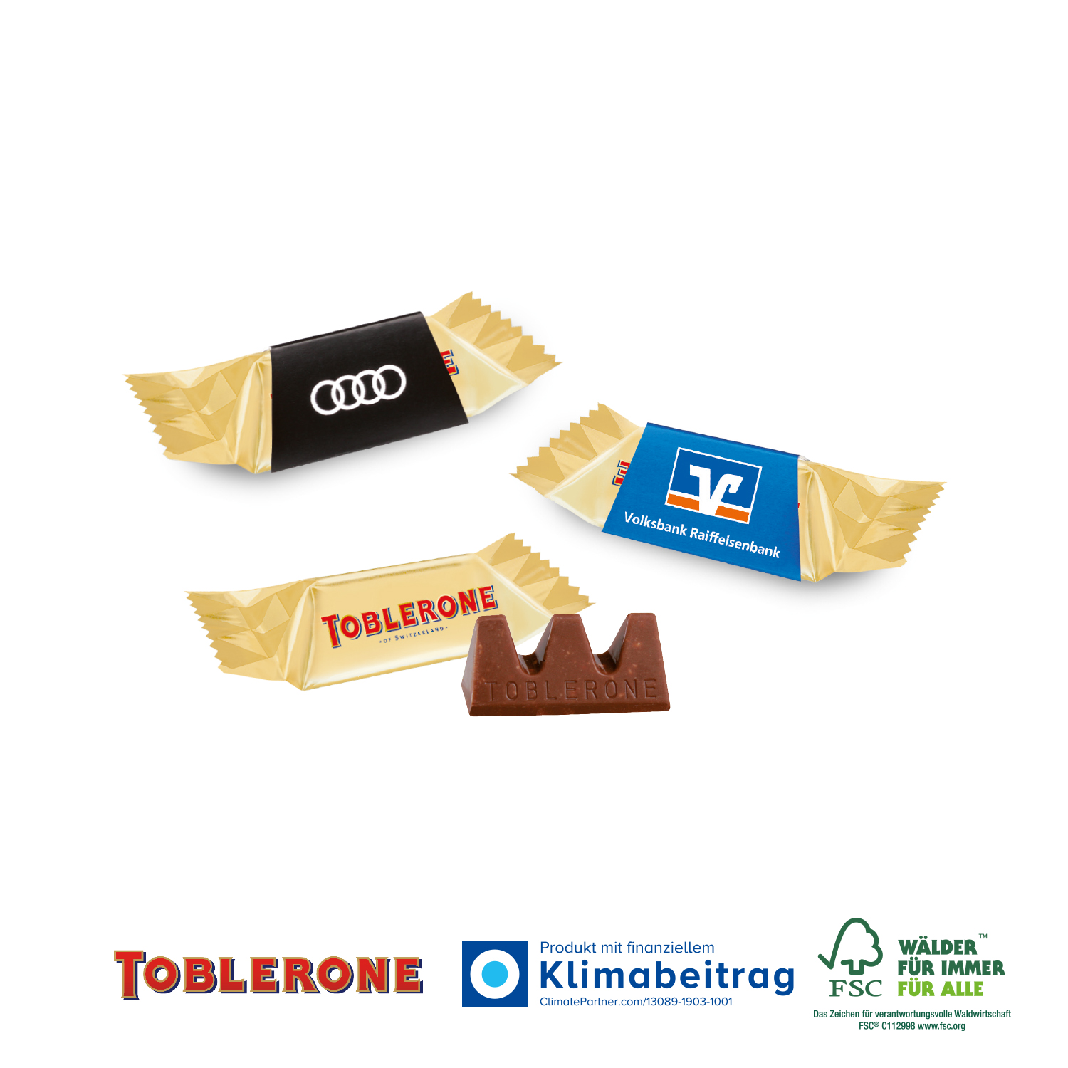 TOBLERONE Mini im Werbeschuber, inkl. 4-farbigem Druck TOBLERONE Mini im Werbeschuber, inkl. 4-farbigem Druck