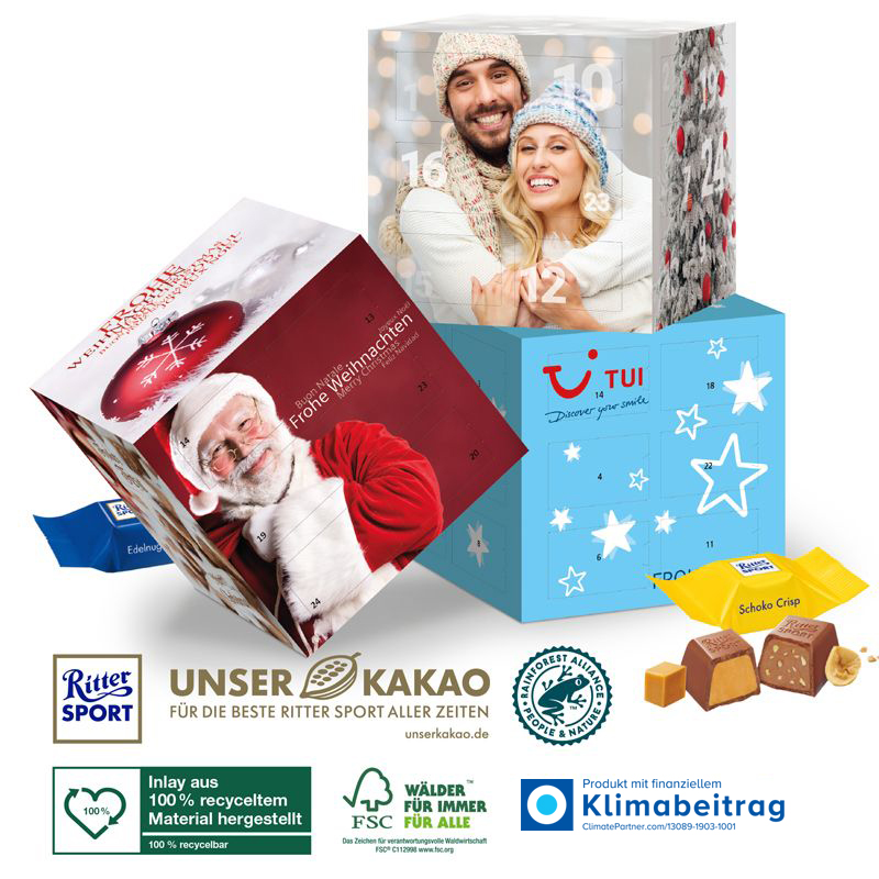 Adventskalender Cube mit Ritter SPORT Schokowürfel, inkl. 4-farbigem Druck Adventskalender Cube mit Ritter SPORT Schokowürfel, inkl. 4-farbigem Druck