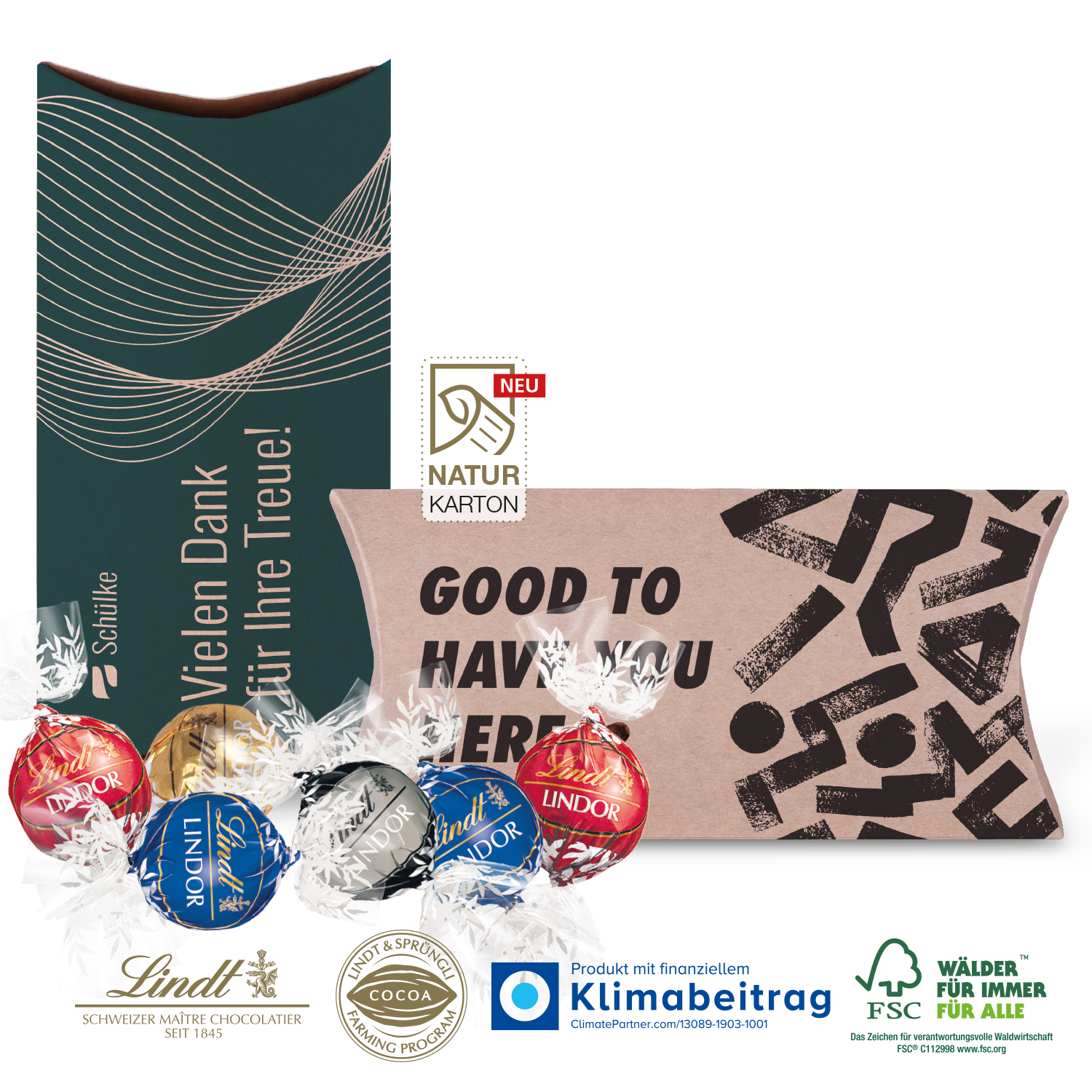 Kissenverpackung „Creative“ mit Lindt Lindor, inkl. 4-farbigem Druck Kissenverpackung „Creative“ mit Lindt Lindor, inkl. 4-farbigem Druck