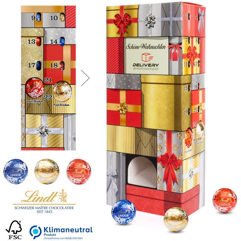 Adventsspender Lindt Lindor Turm, inkl. 4-farbigem Druck Adventsspender Lindt Lindor Turm, inkl. 4-farbigem Druck