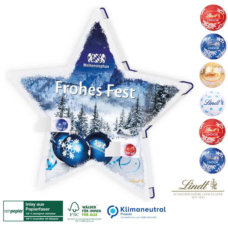 Adventskalender Organic Lindt Stern, inkl. 4-farbigem Druck