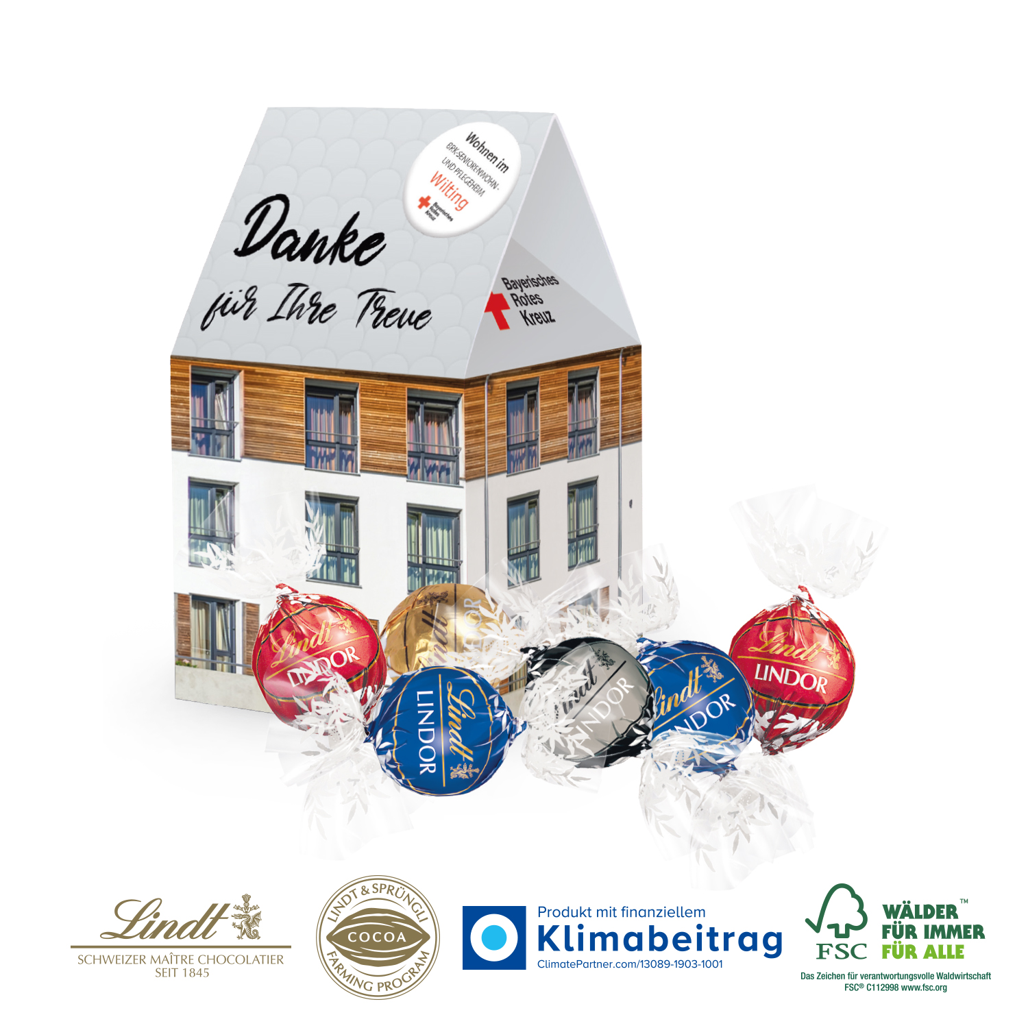 3D Präsent Haus Lindt Lindor Pralinés, inkl. 4-farbigem Druck