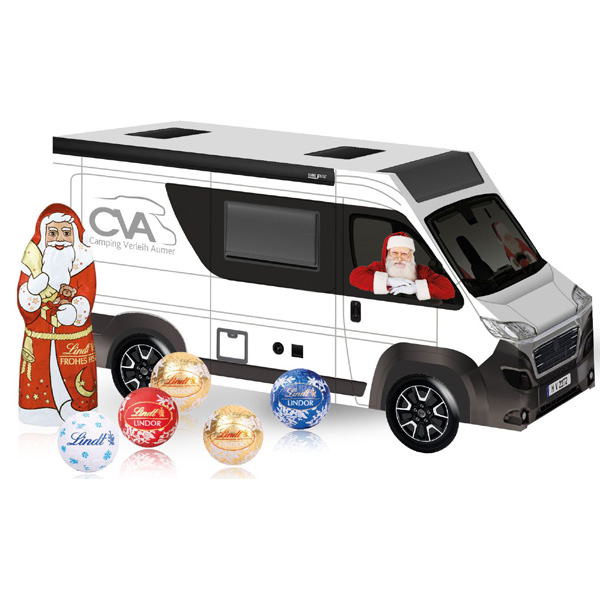 3D Präsent Camper mit Lindt „Minis"+ Weihnachtsmann, inkl. 4-farbigem Druck