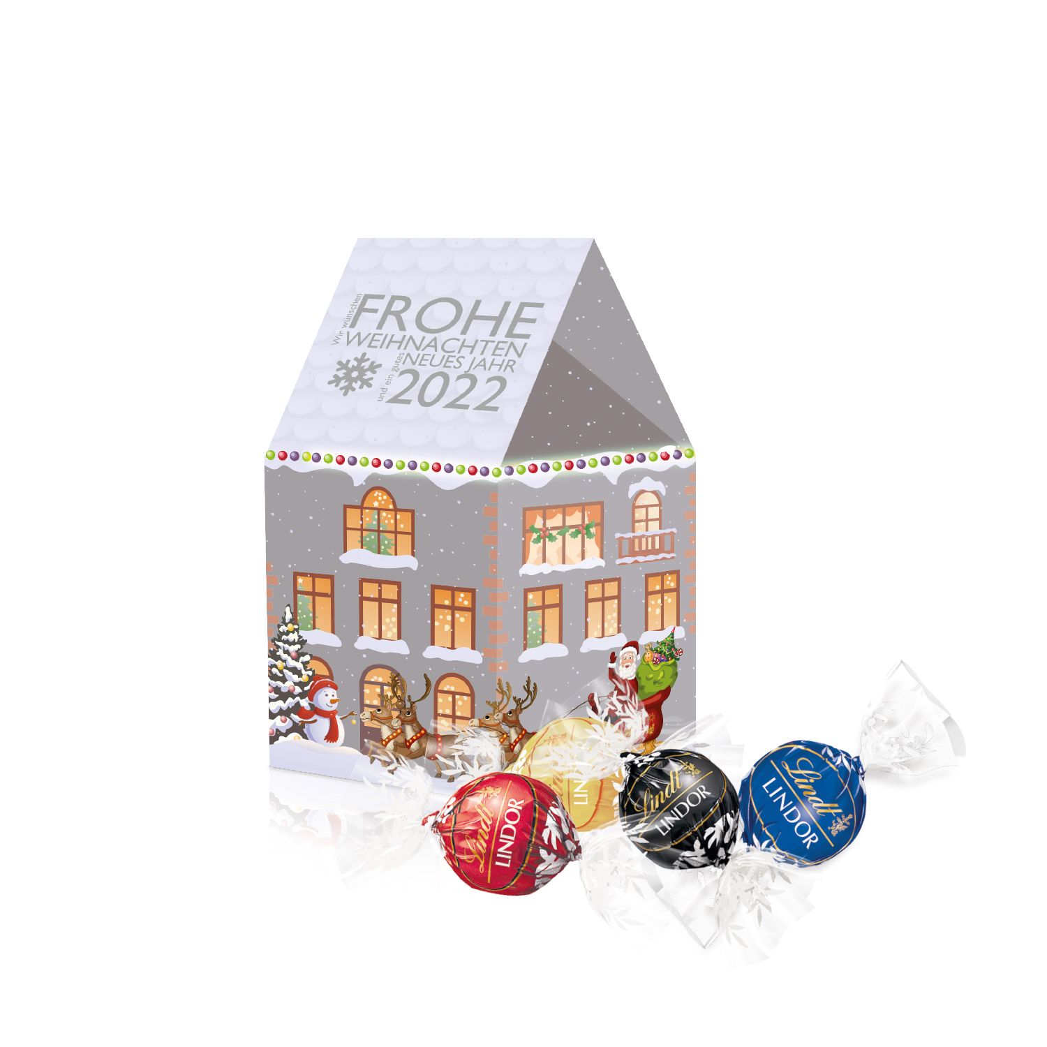 3D Präsent Weihnachtshaus Lindt Lindor Pralinés, inkl. 4-farbigem Druck