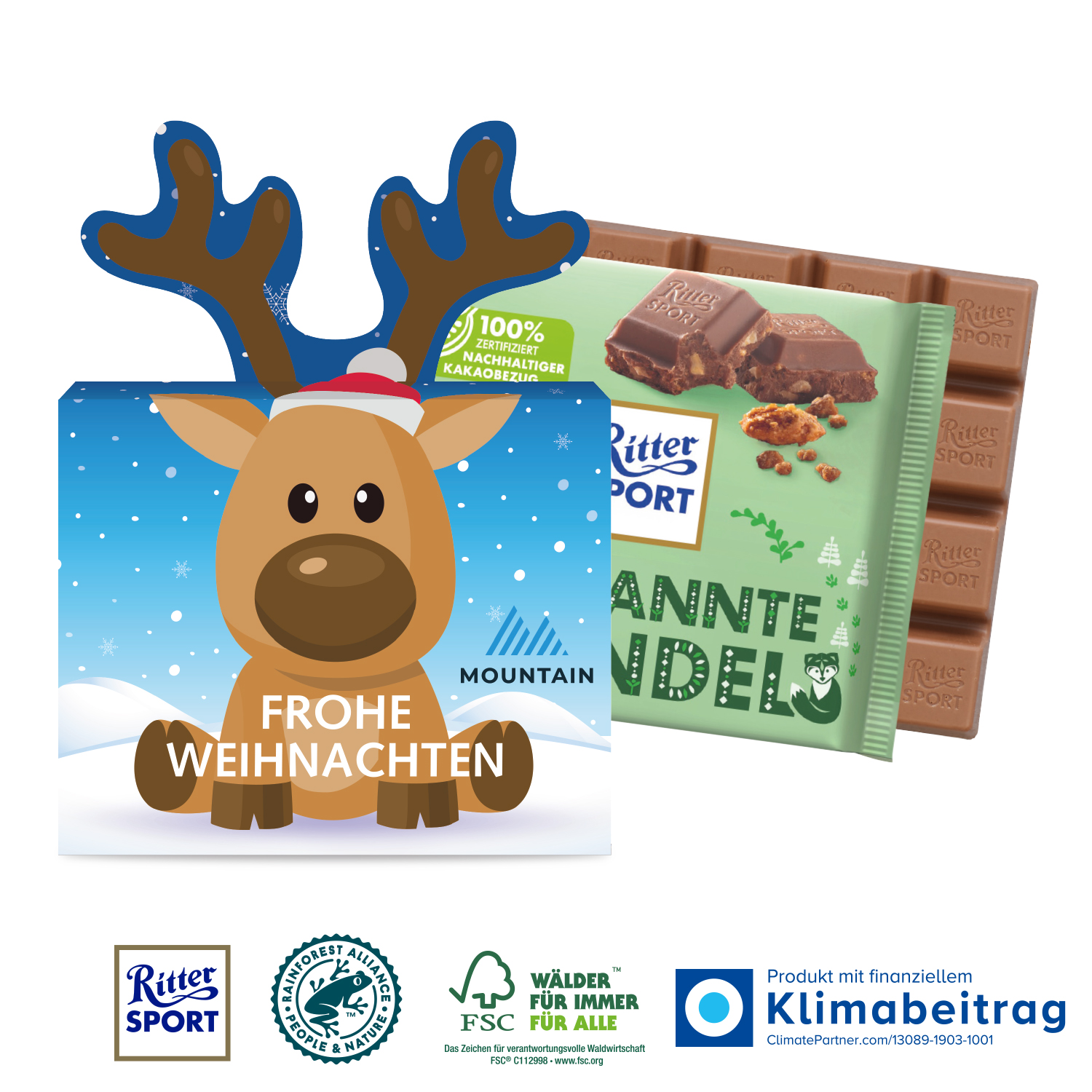 Schokotafel Ritter SPORT „Rentier“ 100 g, inkl. 4-farbigem Druck Schokotafel Ritter SPORT „Rentier“ 100 g, inkl. 4-farbigem Druck