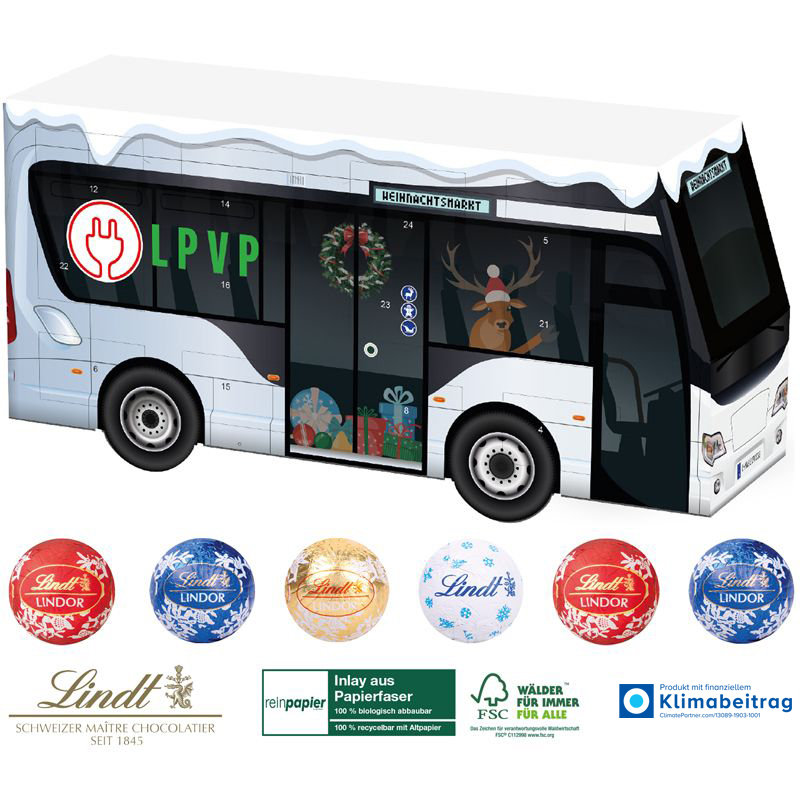 3D Adventskalender Lindt Bus Organic, inkl. 4-farbigem Druck 3D Adventskalender Lindt Bus Organic, inkl. 4-farbigem Druck
