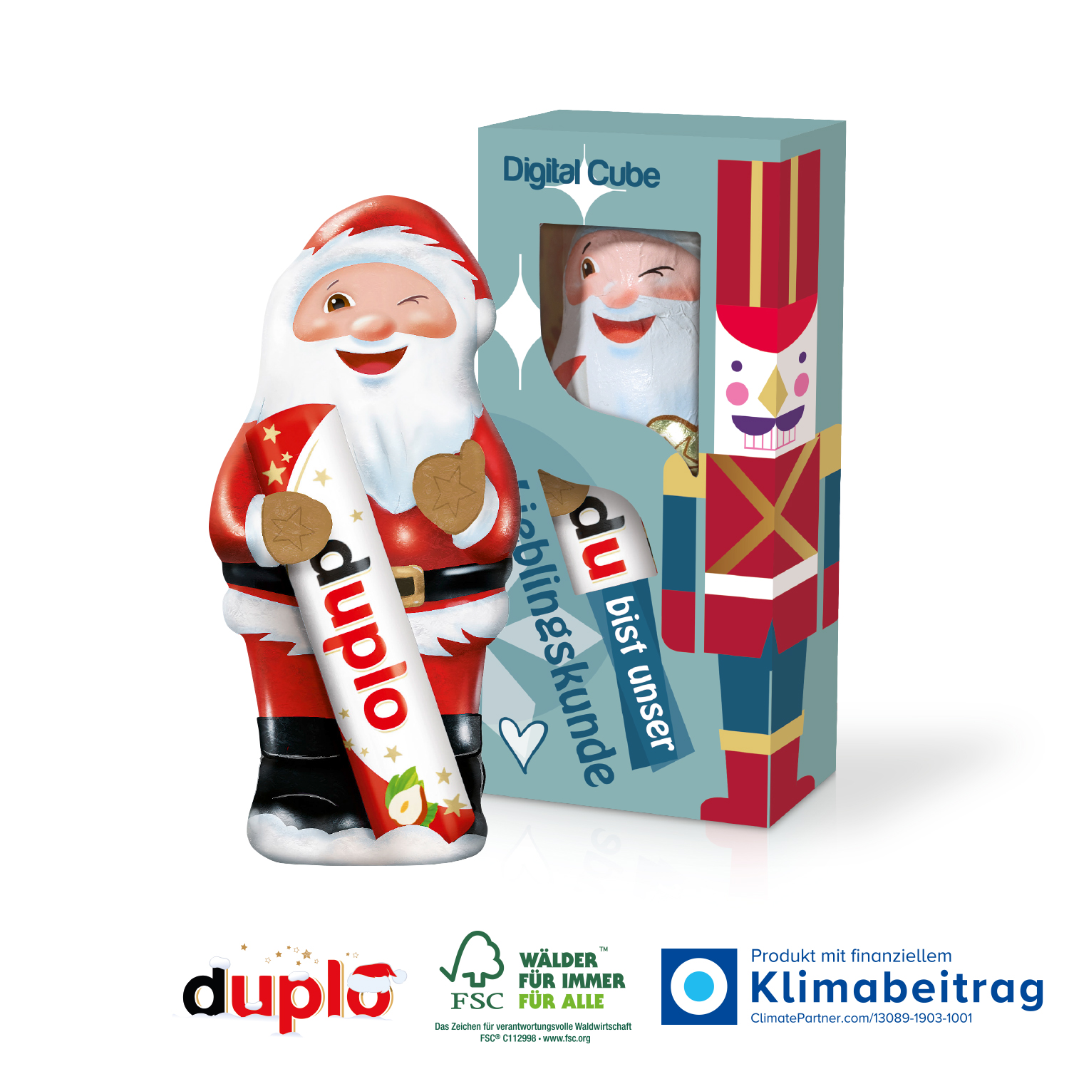 Duplo Weihnachtsmann in Werbekartonage, inkl. 4-farbigem Druck Duplo Weihnachtsmann in Werbekartonage, inkl. 4-farbigem Druck
