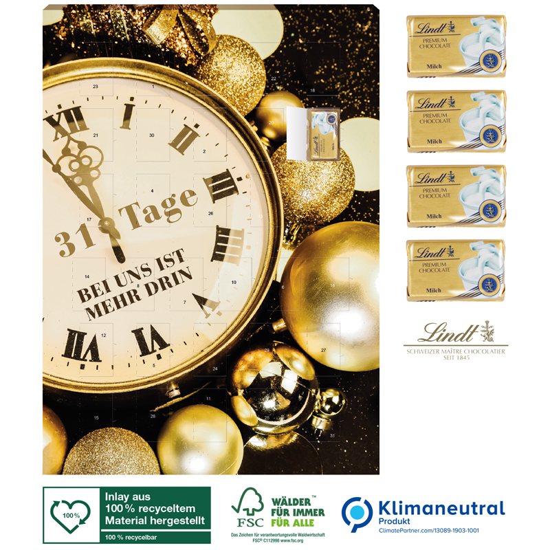 Adventskalender mit 31 Türchen Lindt (Klimaneutral, FSC), inkl. 4-farbigem Druck Adventskalender mit 31 Türchen Lindt (Klimaneutral, FSC), inkl. 4-farbigem Druck