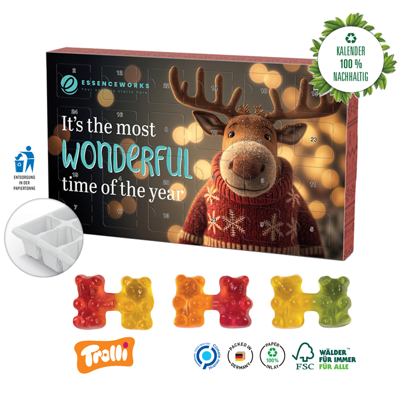 Adventskalender Eco L mit Trolli Fruchtgummi Teambärchen (komplett aus Papier), inkl. 4-farbigem Druck