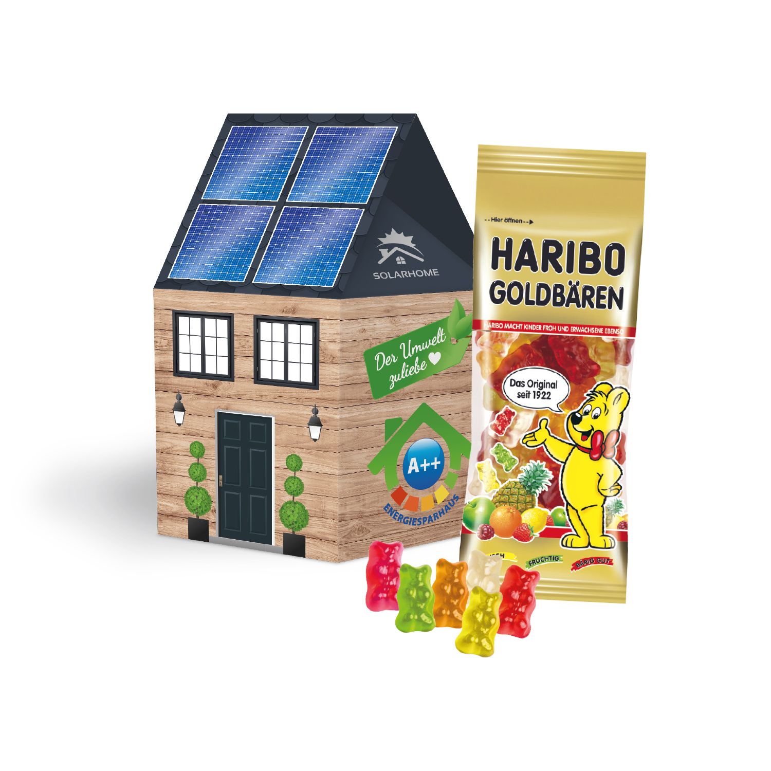 3D Präsent Haus HARIBO Goldbären, inkl. 4-farbigem Druck 3D Präsent Haus HARIBO Goldbären, inkl. 4-farbigem Druck