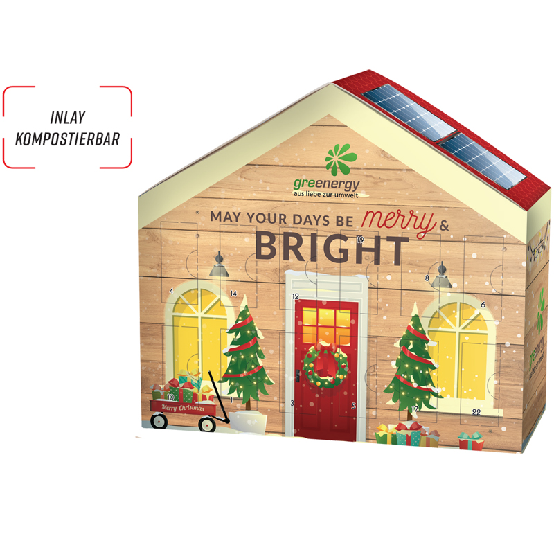 Adventskalender Haus mit share Schokolade, inkl. 4-farbigem Druck Adventskalender Haus mit share Schokolade, inkl. 4-farbigem Druck