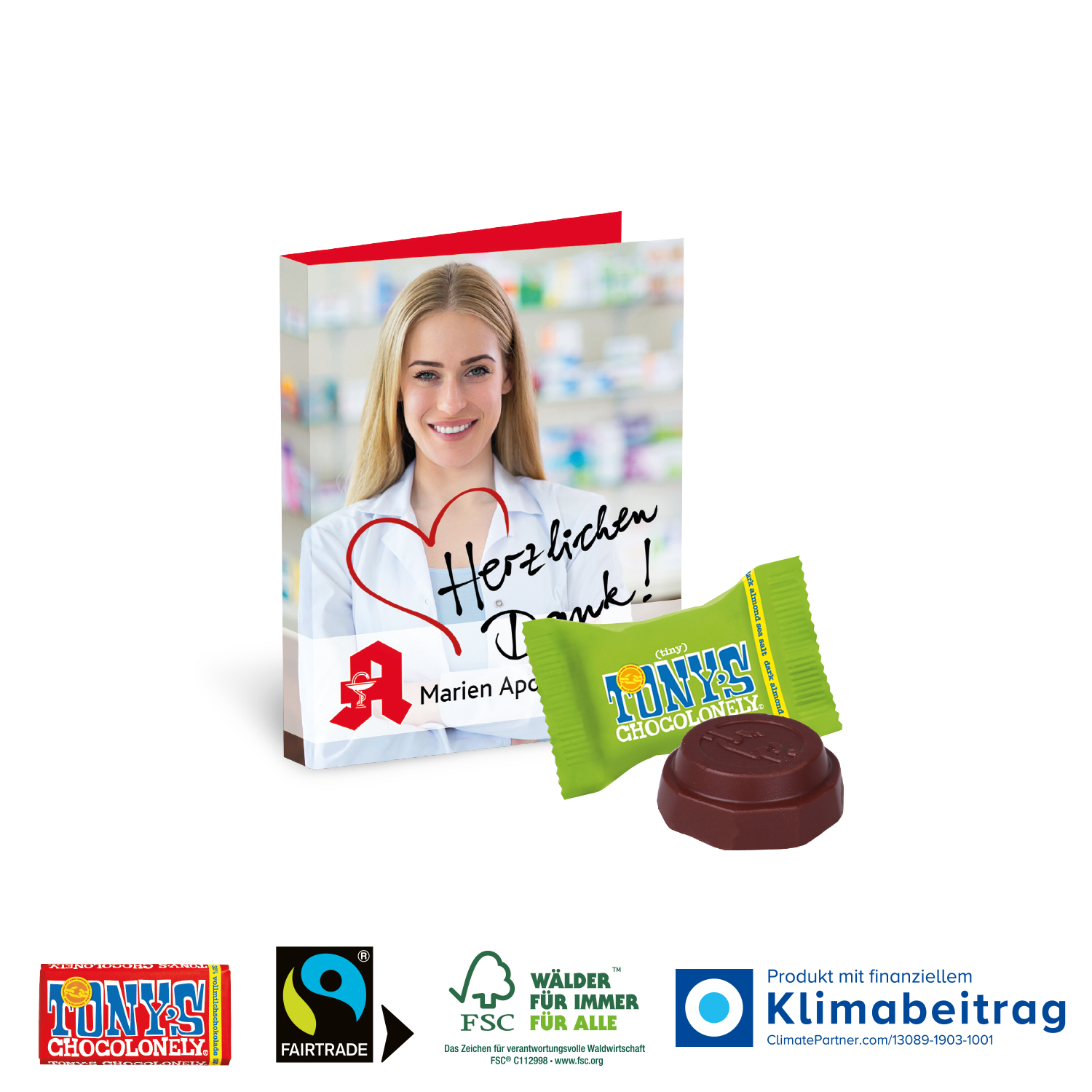 Werbe-Klappkarte mit Tiny Tony´s Schokolade, inkl. 4-farbigem Druck Werbe-Klappkarte mit Tiny Tony´s Schokolade, inkl. 4-farbigem Druck