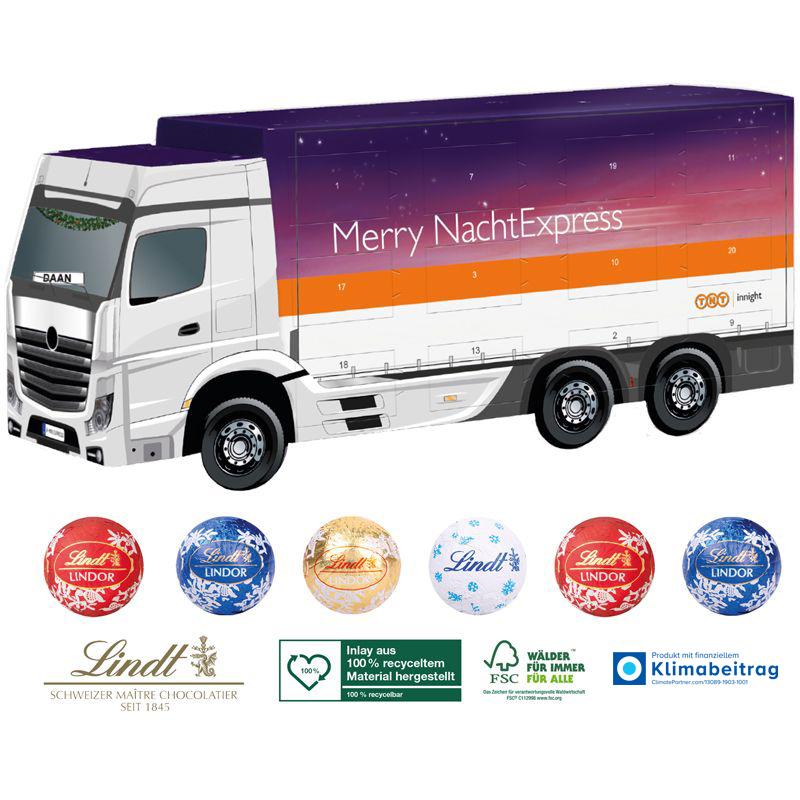 3D Adventskalender Lindt LKW, inkl. 4-farbigem Druck 3D Adventskalender Lindt LKW, inkl. 4-farbigem Druck