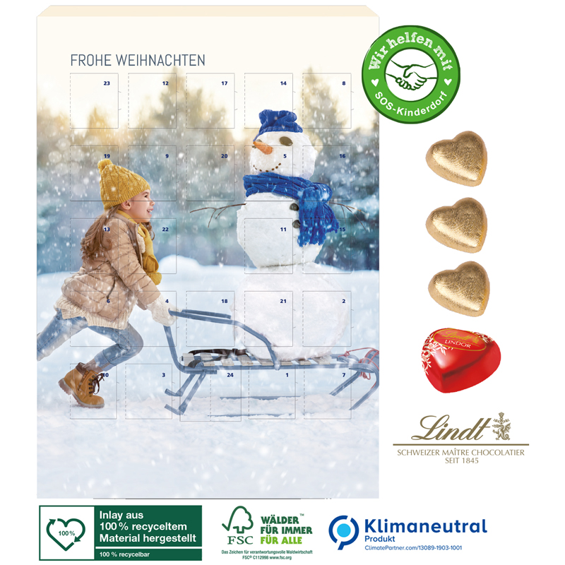 Adventskalender Lindt Schokoladen-Herzen, inkl. 4-farbigem Druck Adventskalender Lindt Schokoladen-Herzen, inkl. 4-farbigem Druck