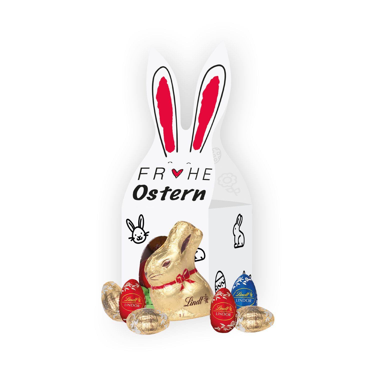 3D Präsent „Häschen“ mit Lindt Eier+Goldhase, inkl. 4-farbigem Druck 3D Präsent „Häschen“ mit Lindt Eier+Goldhase, inkl. 4-farbigem Druck