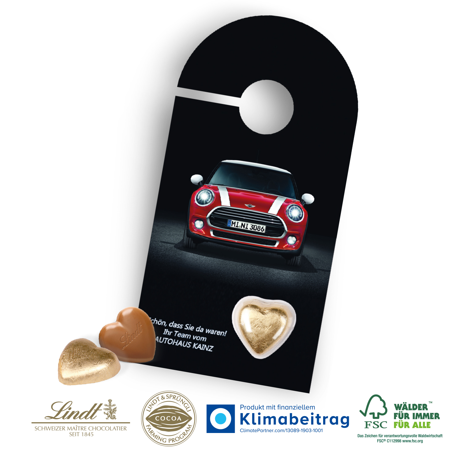 Schokokarte „Business“ Türanhänger mit Lindt Schokoladenherz, inkl. 4-farbigem Druck Schokokarte „Business“ Türanhänger mit Lindt Schokoladenherz, inkl. 4-farbigem Druck