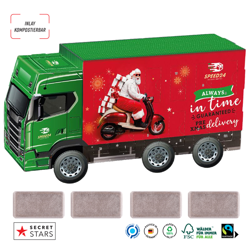 Adventskalender LKW  mit Fairtrade Schokolade, inkl. 4-farbigem Druck