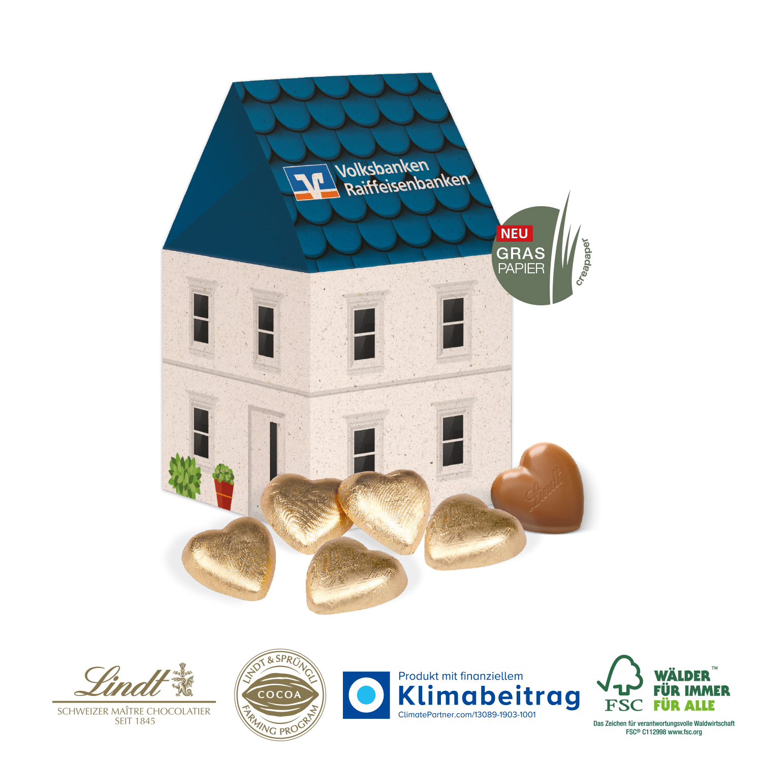 3D Präsent Haus Schokoladenherzen Lindt, inkl. 4-farbigem Druck 3D Präsent Haus Schokoladenherzen Lindt, inkl. 4-farbigem Druck
